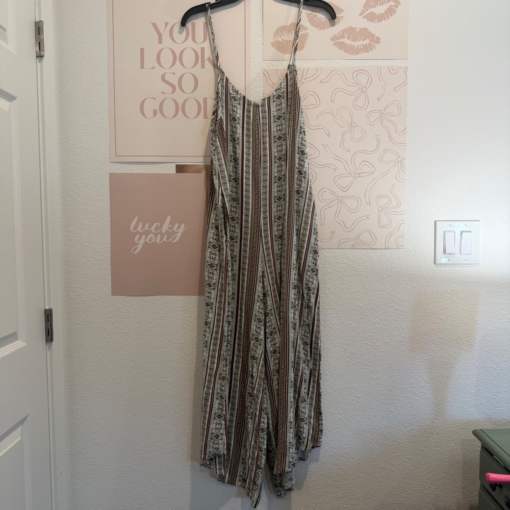 Ces Femme Boho Geometric Striped Wide Leg Jumpsuit Green Brown Small